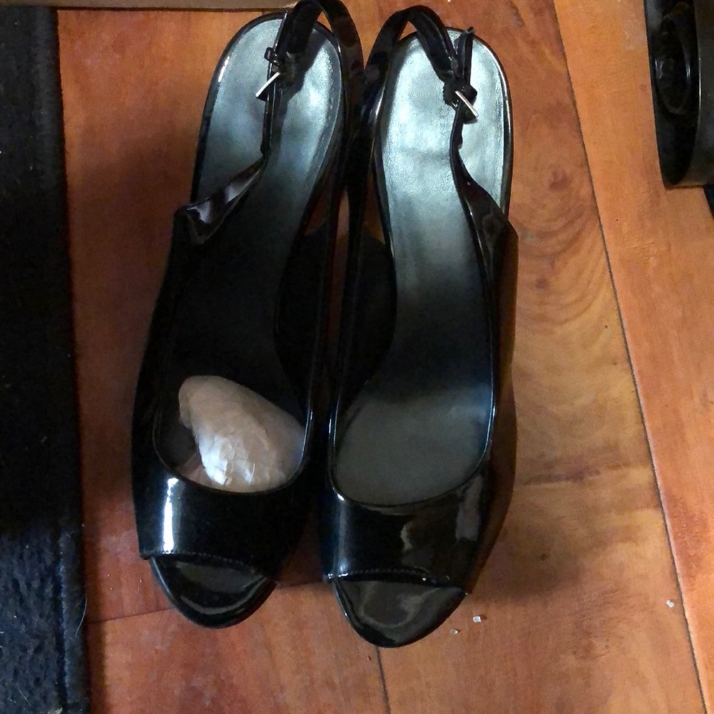 Black patent stack front heels